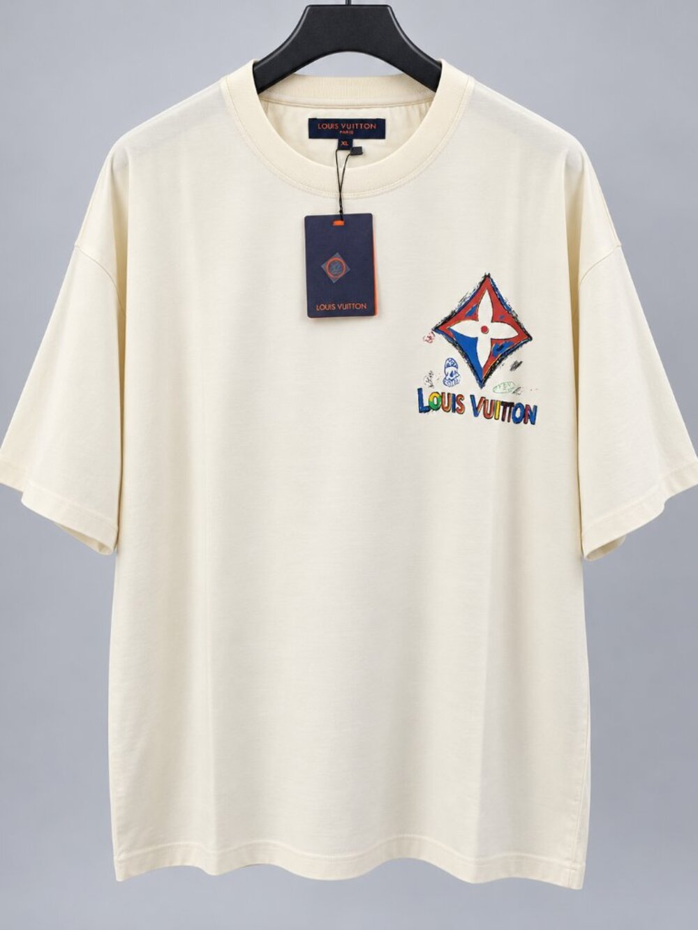 Louis Vuitton Men's Cream Graphic T-Shirt | Multicolor Logo | Streetwear